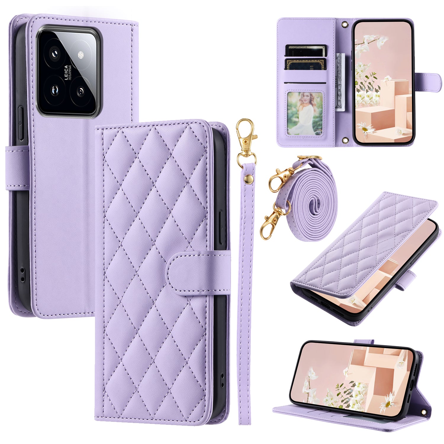 For Xiaomi 14 Pro Case Rhombus Grid Stand Phone Cover with Crossbody Lanyard