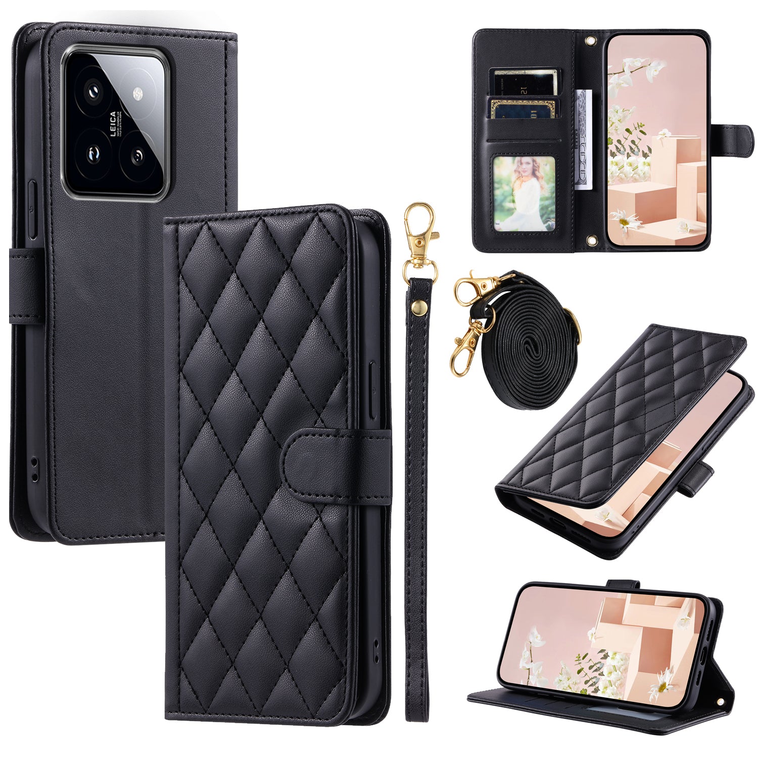 For Xiaomi 14 Pro Case Rhombus Grid Stand Phone Cover with Crossbody Lanyard