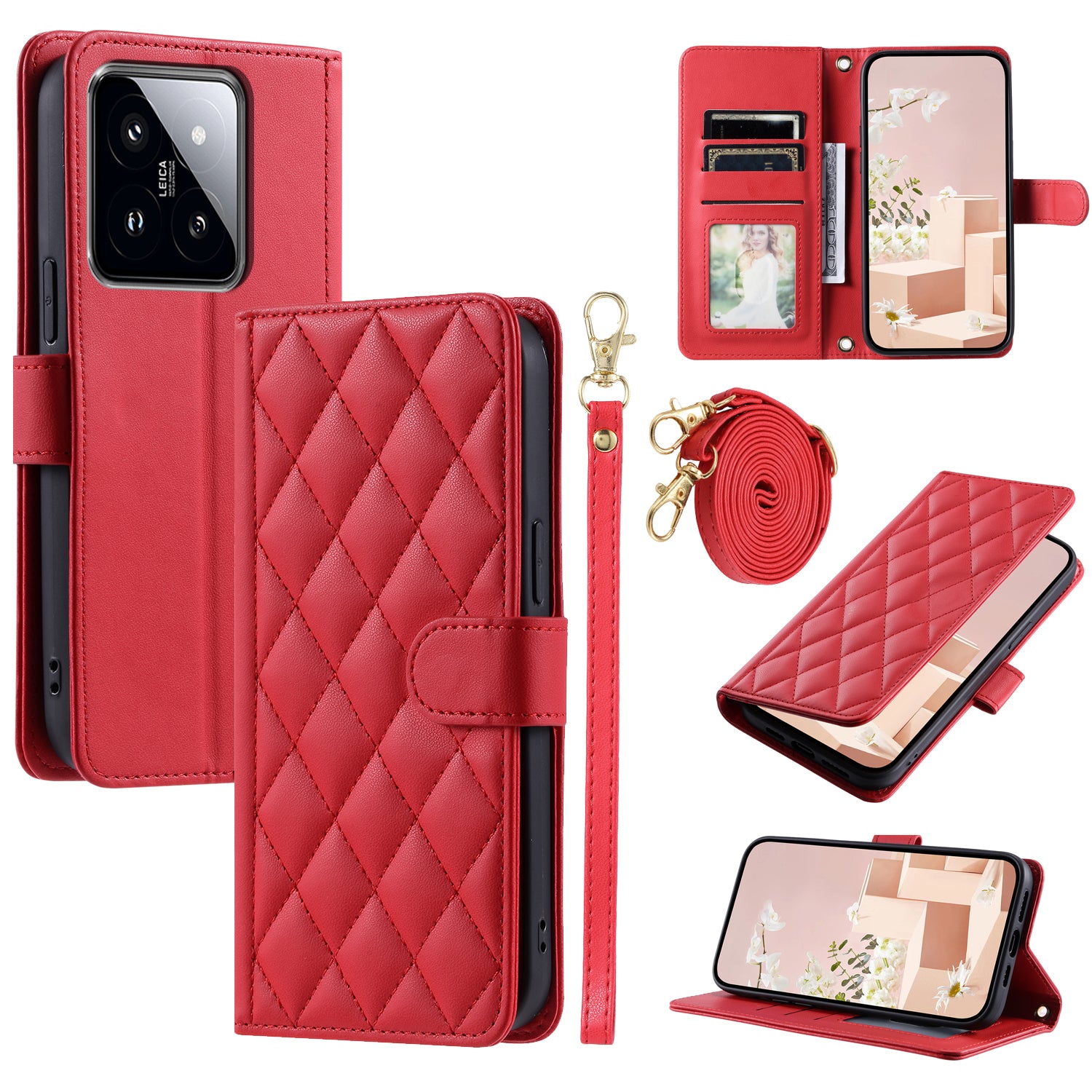 For Xiaomi 14 Pro Case Rhombus Grid Stand Phone Cover with Crossbody Lanyard