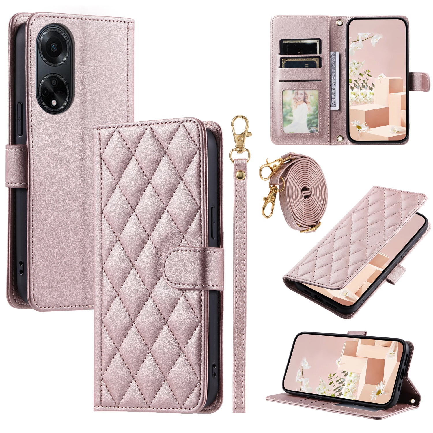 For Oppo A98 5G / A1 5G / F23 5G Case Rhombus Grid Phone Wallet Cover with Hand Strap