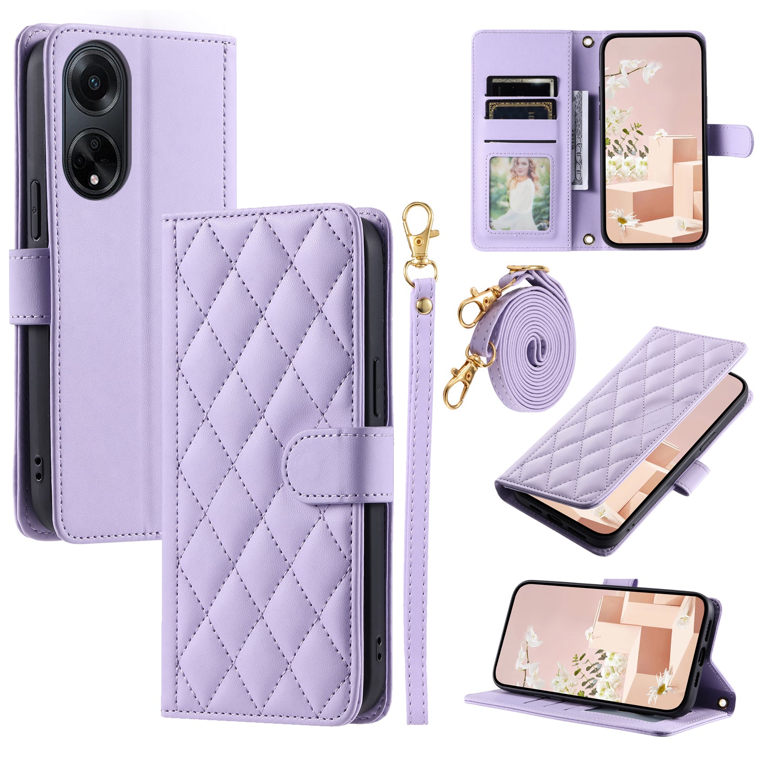 For Oppo A98 5G / A1 5G / F23 5G Case Rhombus Grid Phone Wallet Cover with Hand Strap