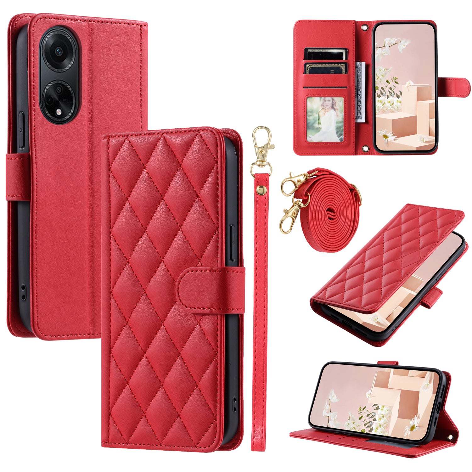 For Oppo A98 5G / A1 5G / F23 5G Case Rhombus Grid Phone Wallet Cover with Hand Strap