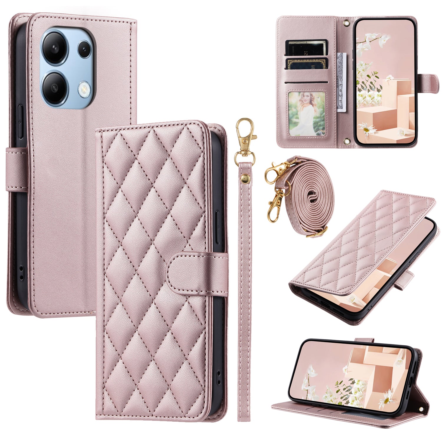 For Xiaomi Redmi Note 13 4G Case Rhombus Grid Leather Phone Cover with Shoulder Strap
