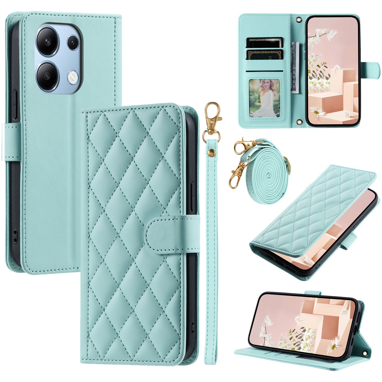 For Xiaomi Redmi Note 13 4G Case Rhombus Grid Leather Phone Cover with Shoulder Strap