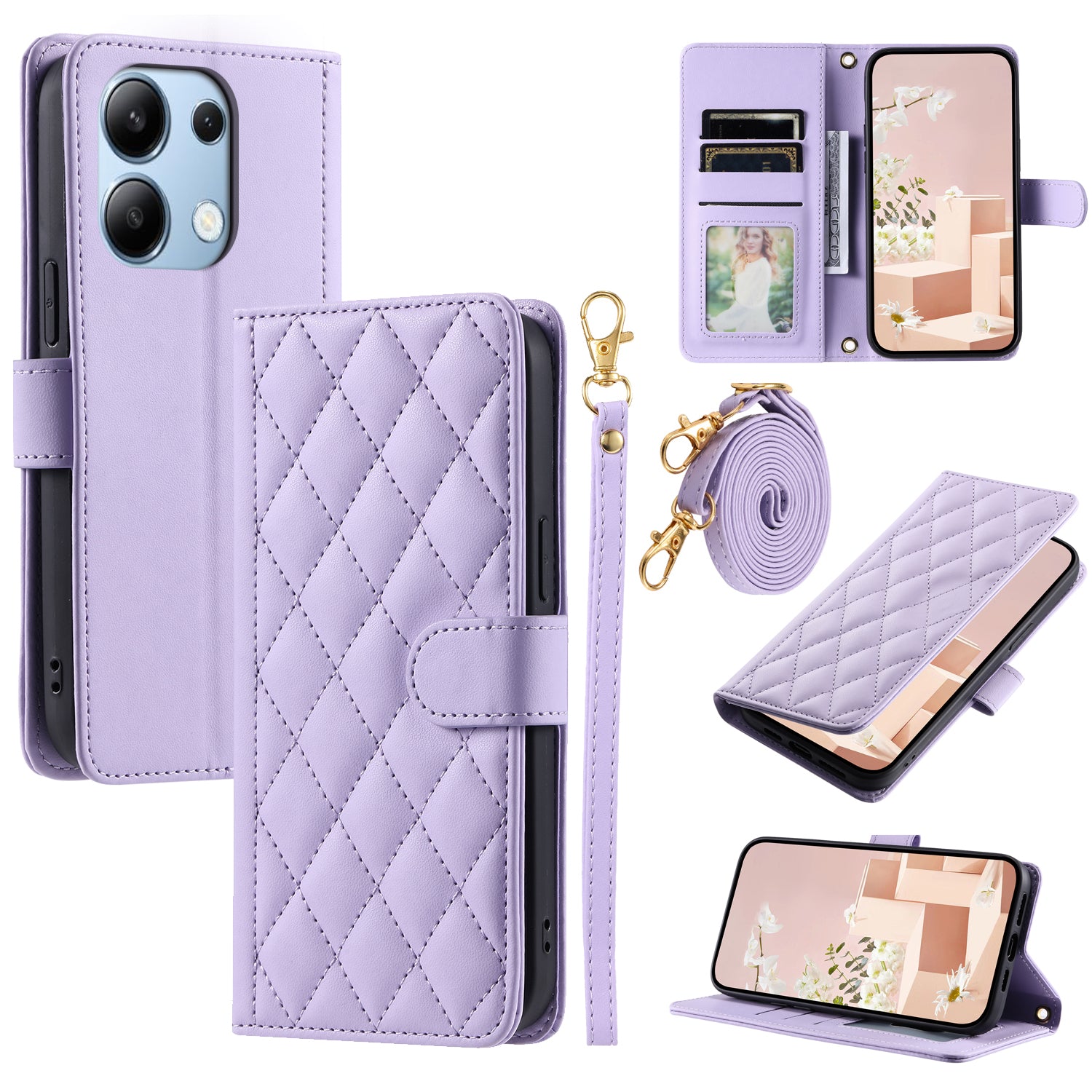 For Xiaomi Redmi Note 13 4G Case Rhombus Grid Leather Phone Cover with Shoulder Strap
