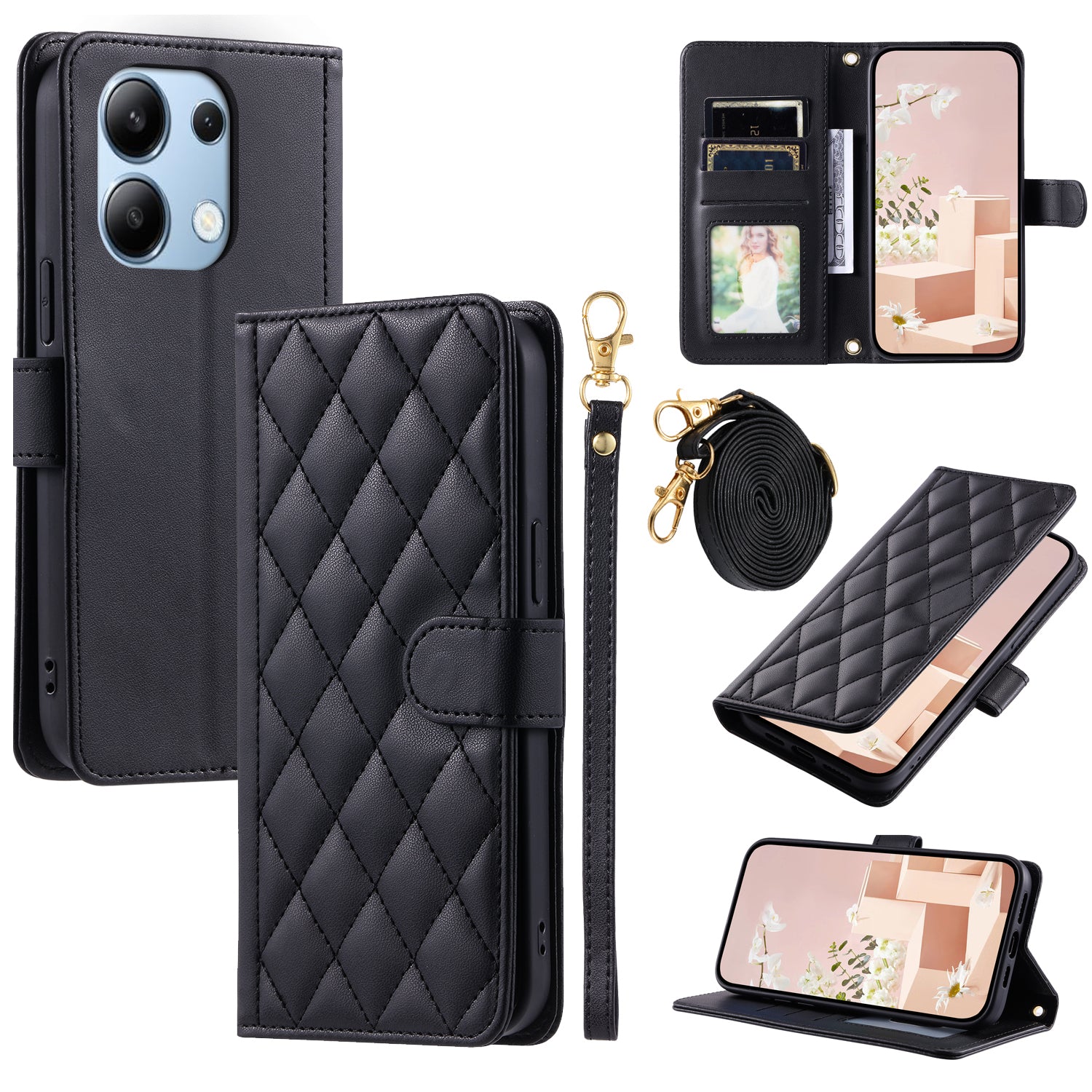 For Xiaomi Redmi Note 13 4G Case Rhombus Grid Leather Phone Cover with Shoulder Strap