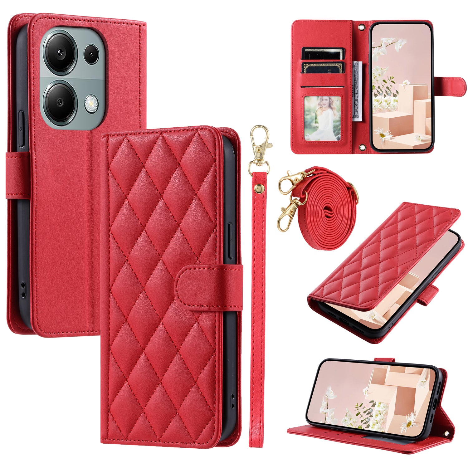 For Xiaomi Redmi Note 13 Pro 4G / Poco M6 Pro 4G Magnetic Phone Case Leather Rhombus Grid Stand Cover