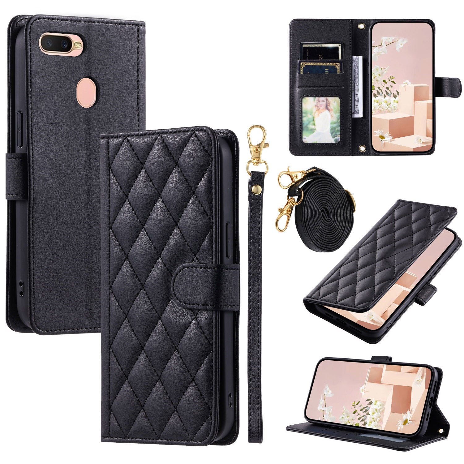 For OPPO A7 / A5S / A7N / A12 / A12S / A11K Crossbody Case Rhombus Grid Stand Phone Cover