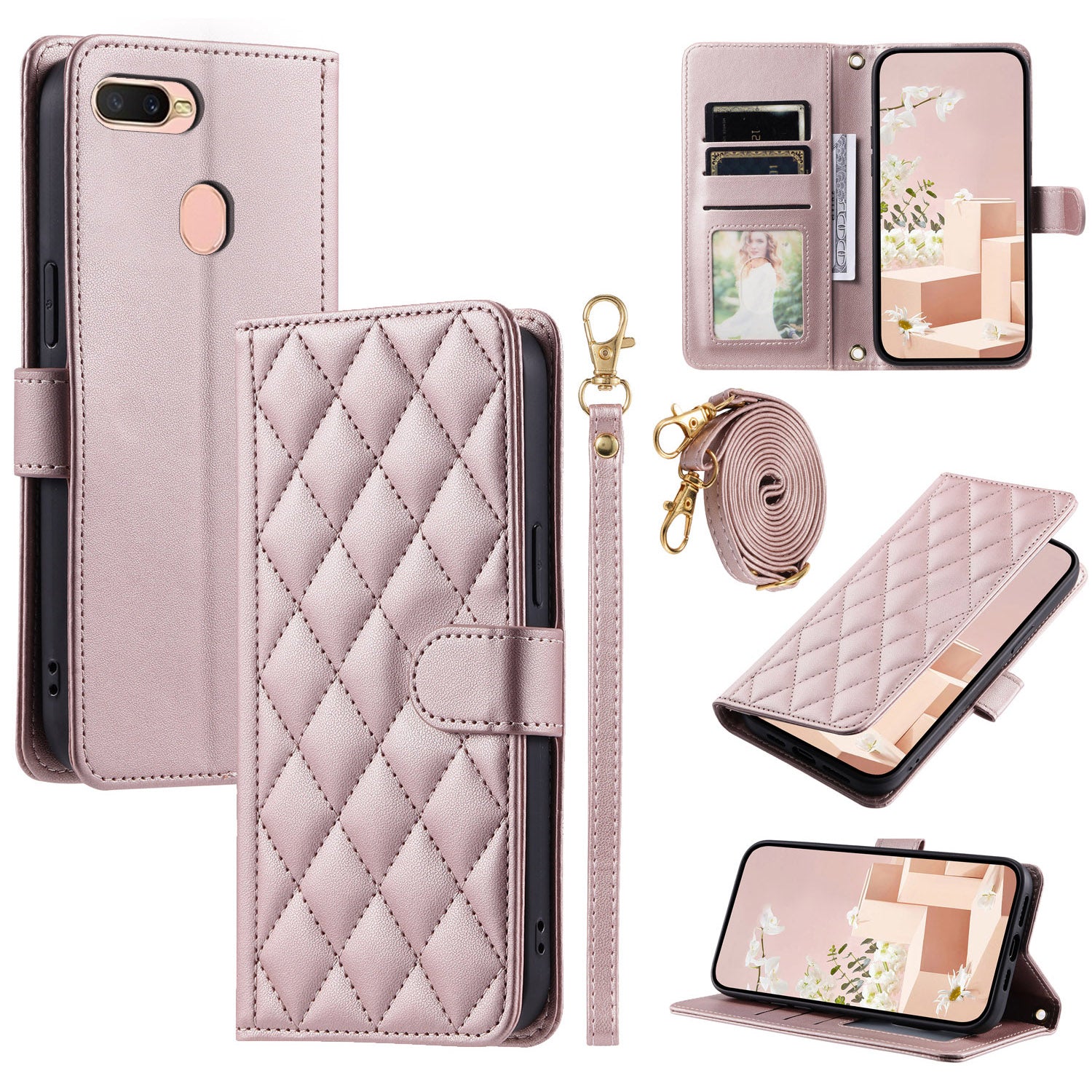 For OPPO A7 / A5S / A7N / A12 / A12S / A11K Crossbody Case Rhombus Grid Stand Phone Cover
