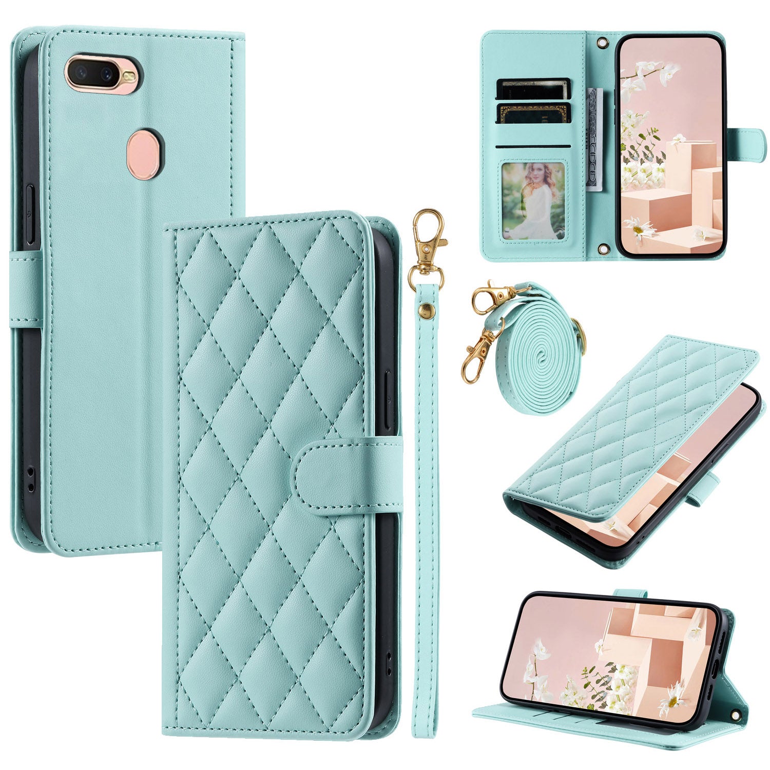 For OPPO A7 / A5S / A7N / A12 / A12S / A11K Crossbody Case Rhombus Grid Stand Phone Cover