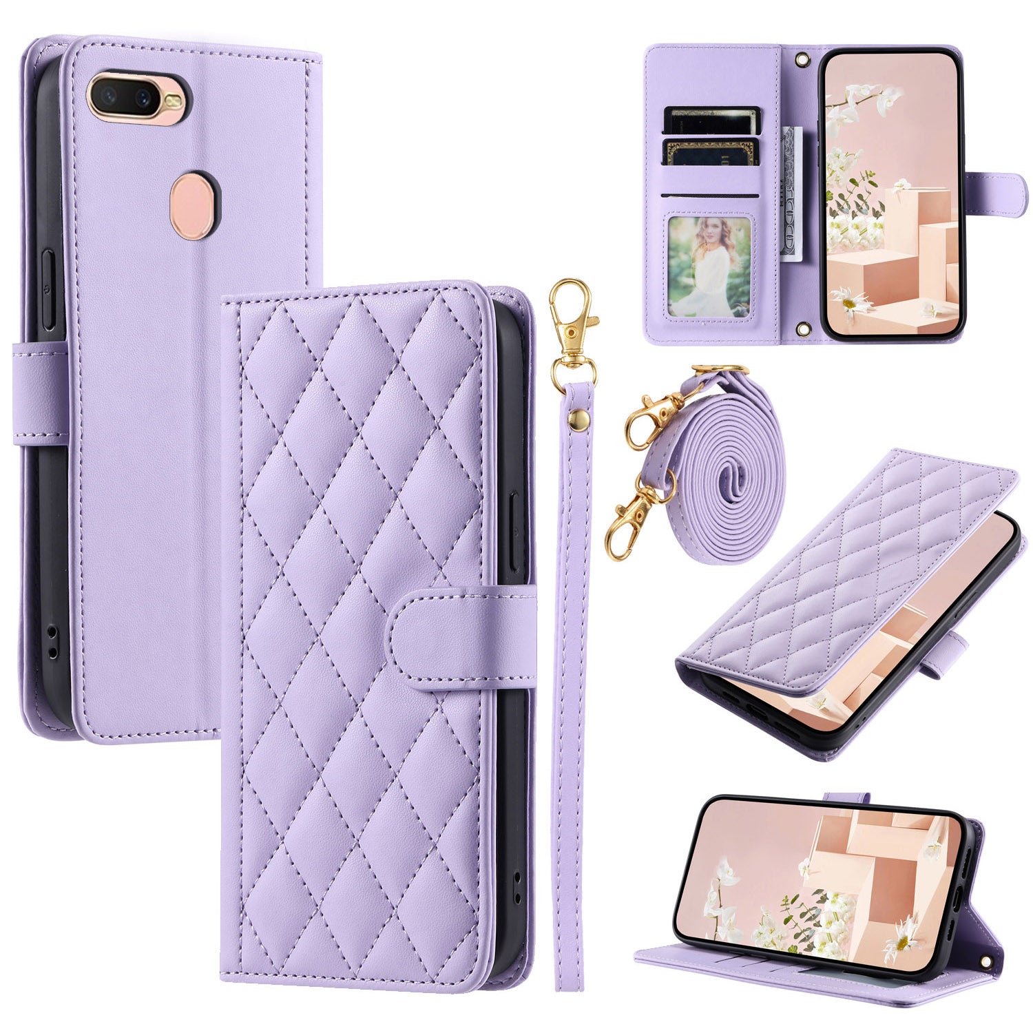 For OPPO A7 / A5S / A7N / A12 / A12S / A11K Crossbody Case Rhombus Grid Stand Phone Cover