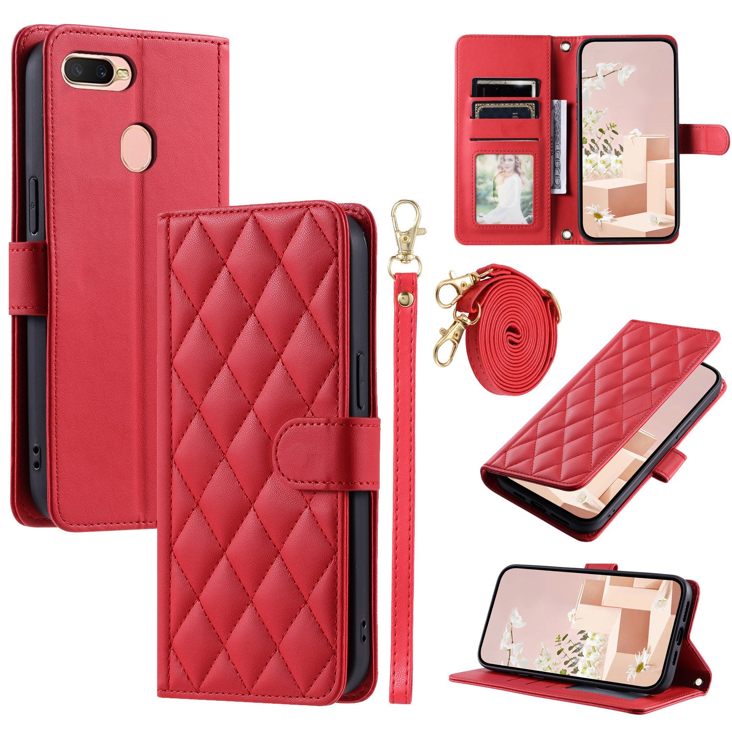 For OPPO A7 / A5S / A7N / A12 / A12S / A11K Crossbody Case Rhombus Grid Stand Phone Cover