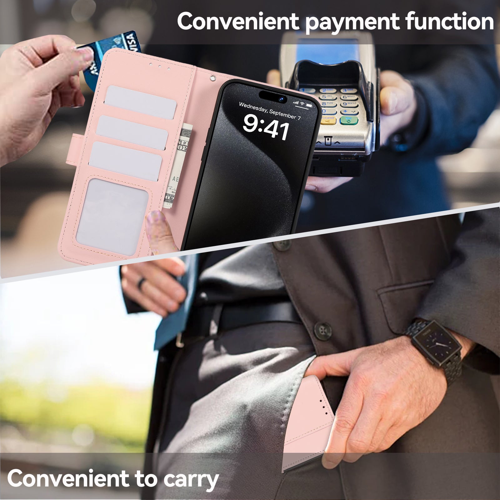 For iPhone 15 Pro Max Case Card Holder RFID Blocking Drop-resistant Phone Protector