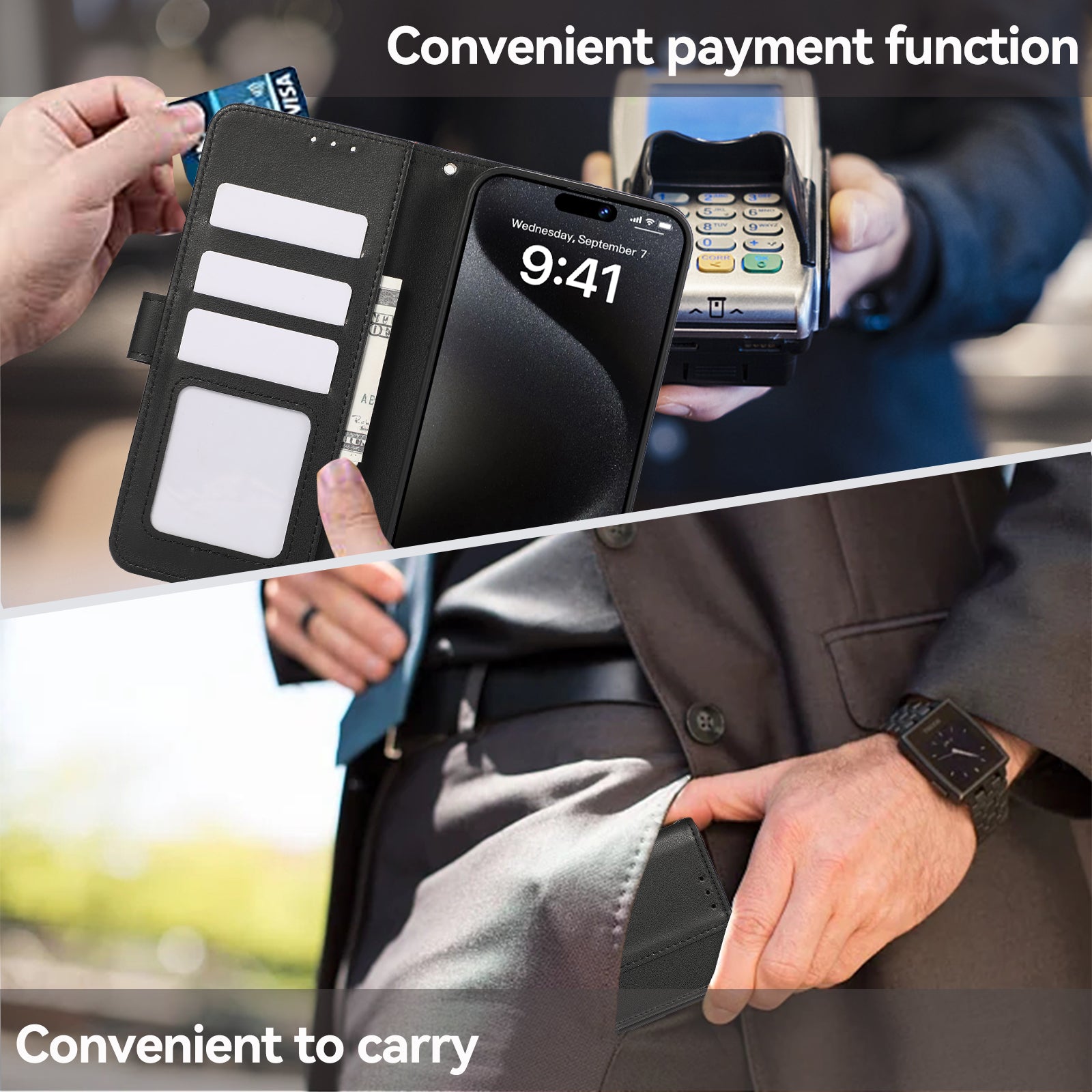 Wallet Case for iPhone 15 Pro Shell RFID Blocking PU Leather Stand Phone Cover