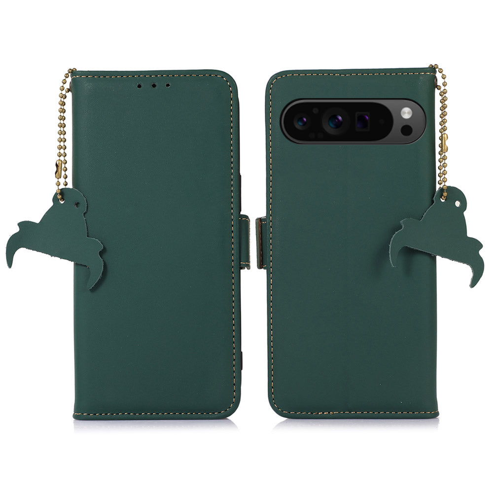 For Google Pixel 9 Pro Case Genuine Cow Leather Magnetic Folio Phone Cover RFID Blocking