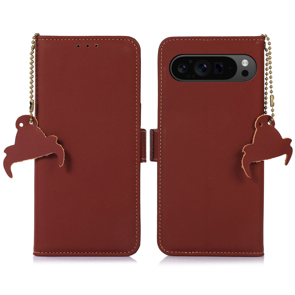 For Google Pixel 9 Pro Case Genuine Cow Leather Magnetic Folio Phone Cover RFID Blocking