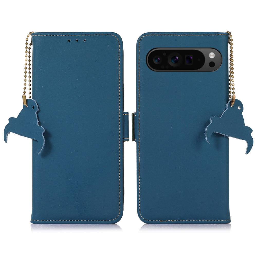 For Google Pixel 9 Pro Case Genuine Cow Leather Magnetic Folio Phone Cover RFID Blocking