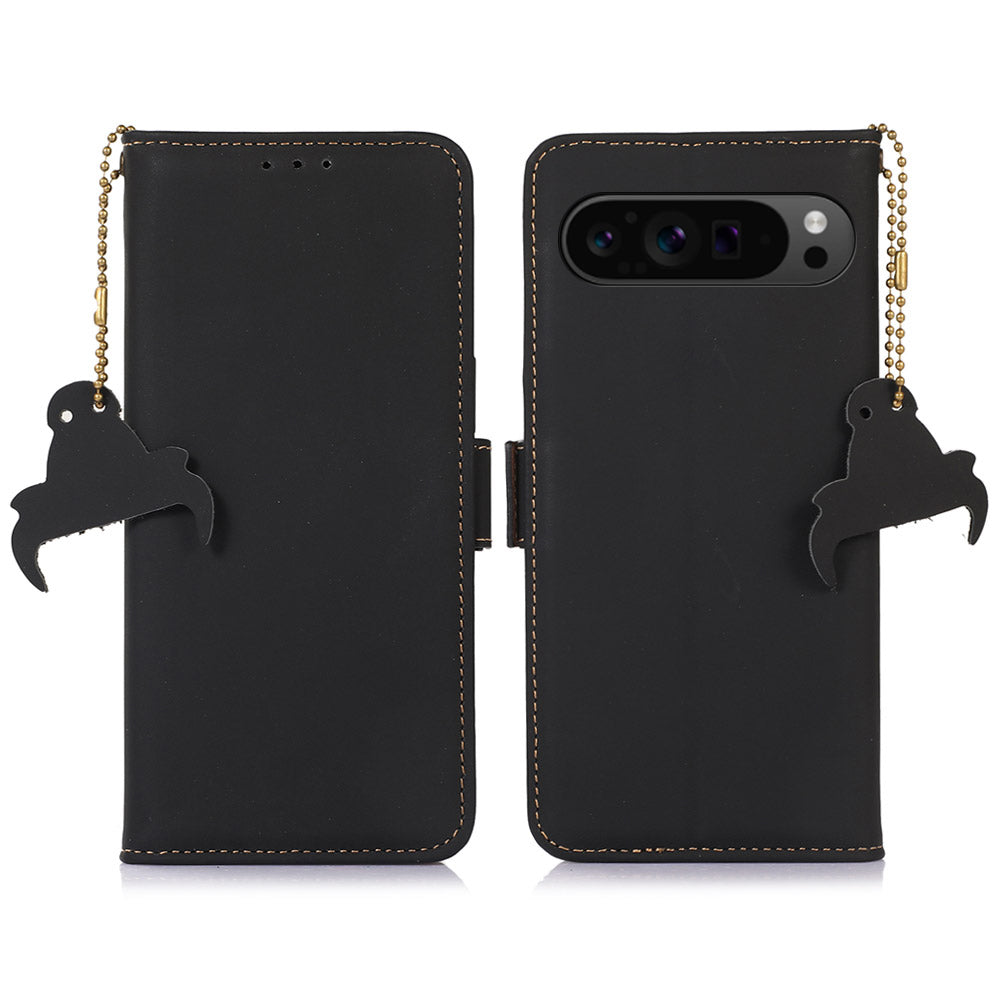 For Google Pixel 9 Case Genuine Cow Leather Phone Cover with RFID Blocking Wallet