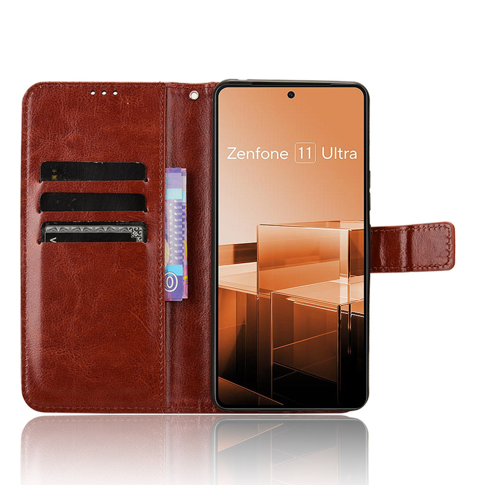 For Asus Zenfone 11 Ultra 5G Case Crazy Horse Texture Scratch-proof Phone Cover with Folding Stand