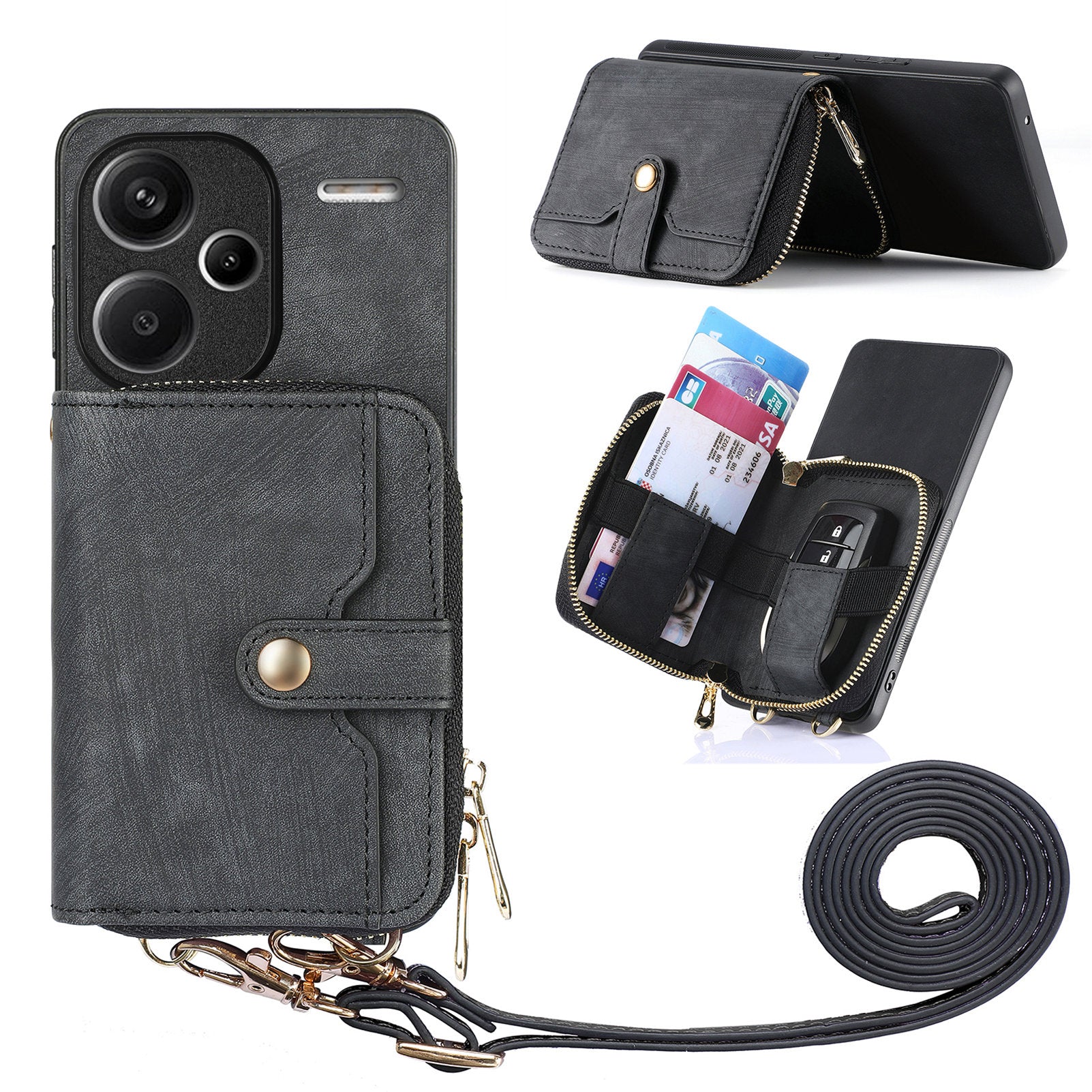 D3 For Xiaomi Redmi Note 13 Pro+ 5G Case PU+TPU+PC Zipper Wallet Cover with Strap