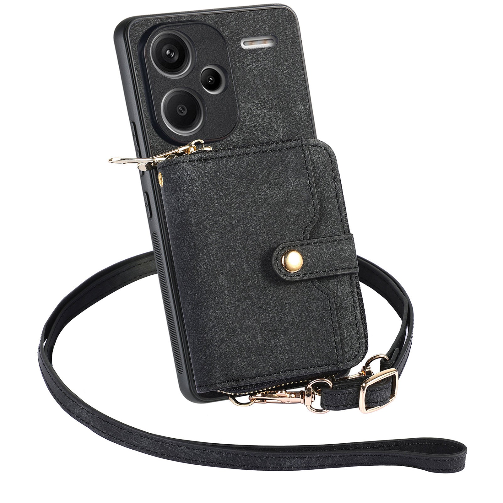 D3 For Xiaomi Redmi Note 13 Pro+ 5G Case PU+TPU+PC Zipper Wallet Cover with Strap
