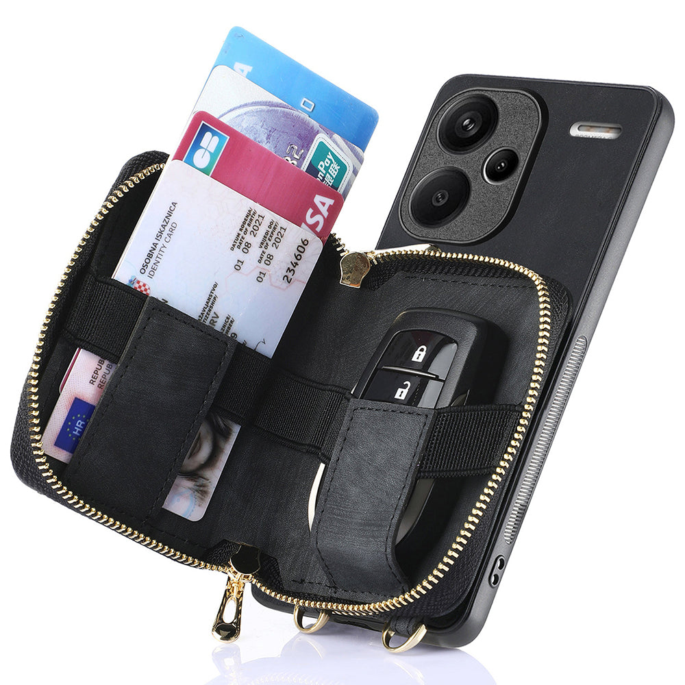 D3 For Xiaomi Redmi Note 13 Pro+ 5G Case PU+TPU+PC Zipper Wallet Cover with Strap