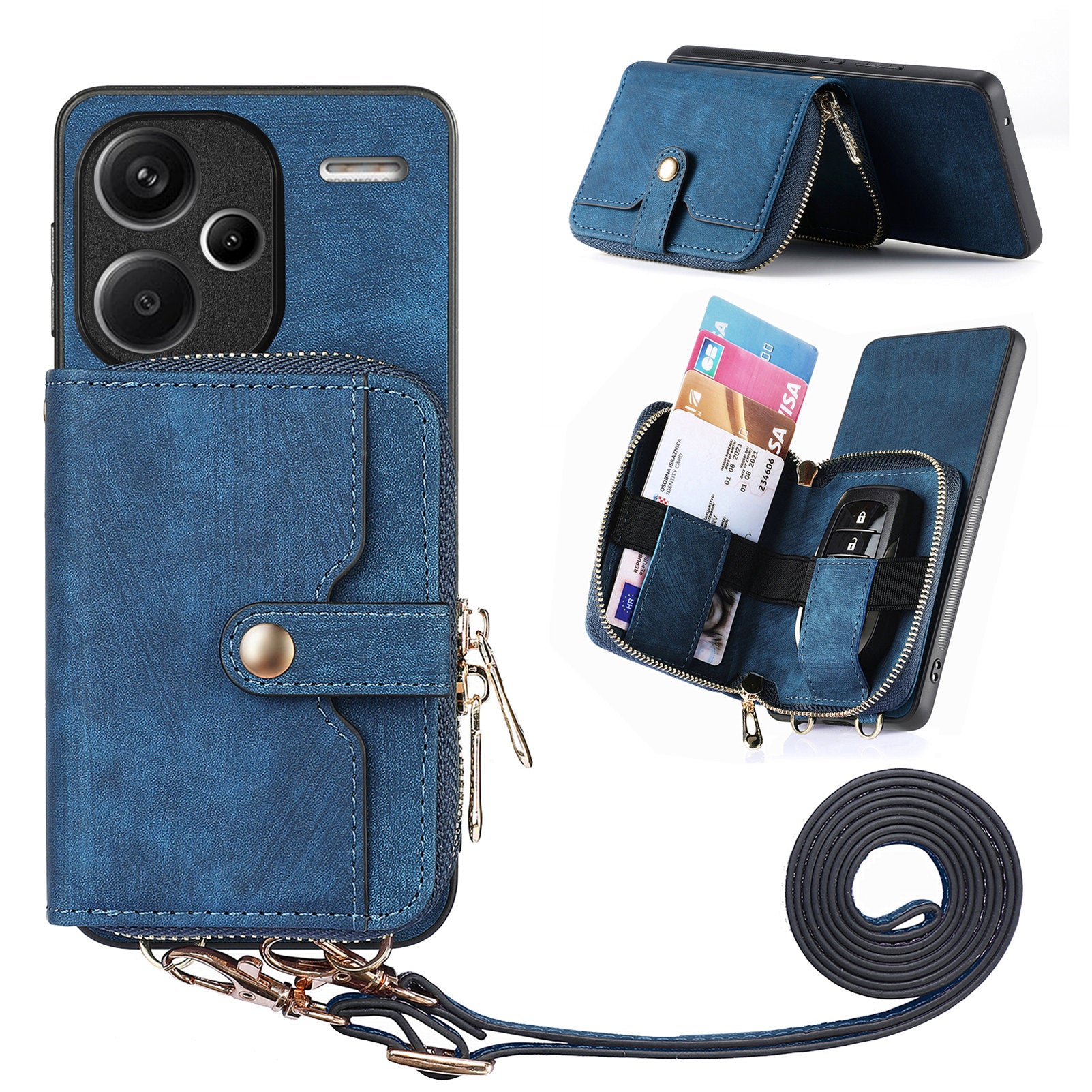D3 For Xiaomi Redmi Note 13 Pro+ 5G Case PU+TPU+PC Zipper Wallet Cover with Strap