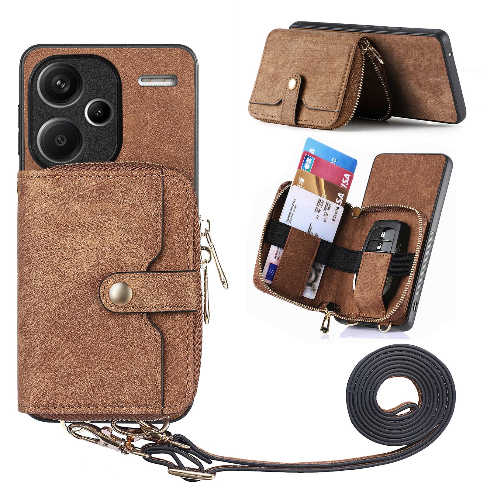 D3 For Xiaomi Redmi Note 13 Pro+ 5G Case PU+TPU+PC Zipper Wallet Cover with Strap
