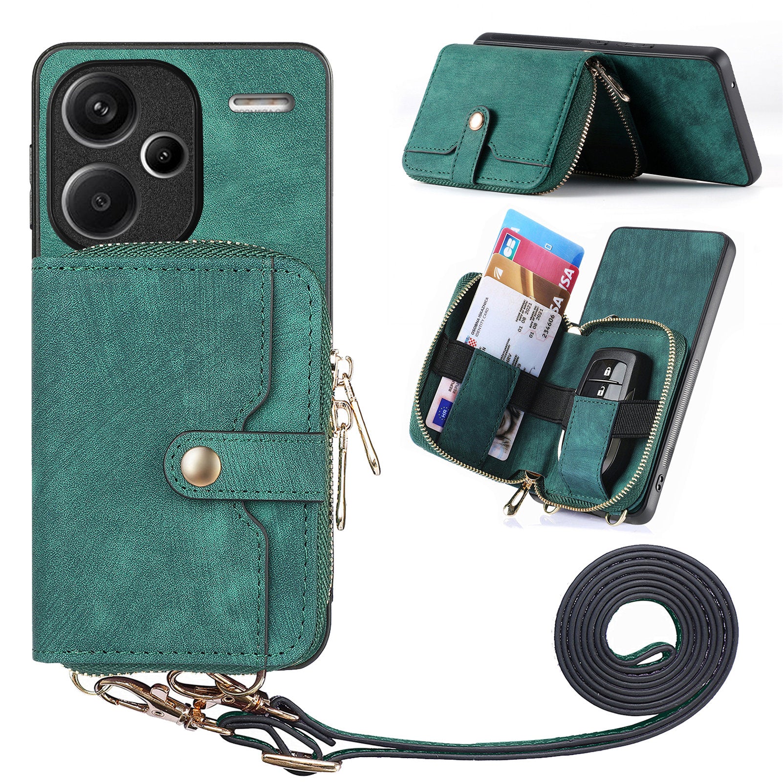 D3 For Xiaomi Redmi Note 13 Pro+ 5G Case PU+TPU+PC Zipper Wallet Cover with Strap