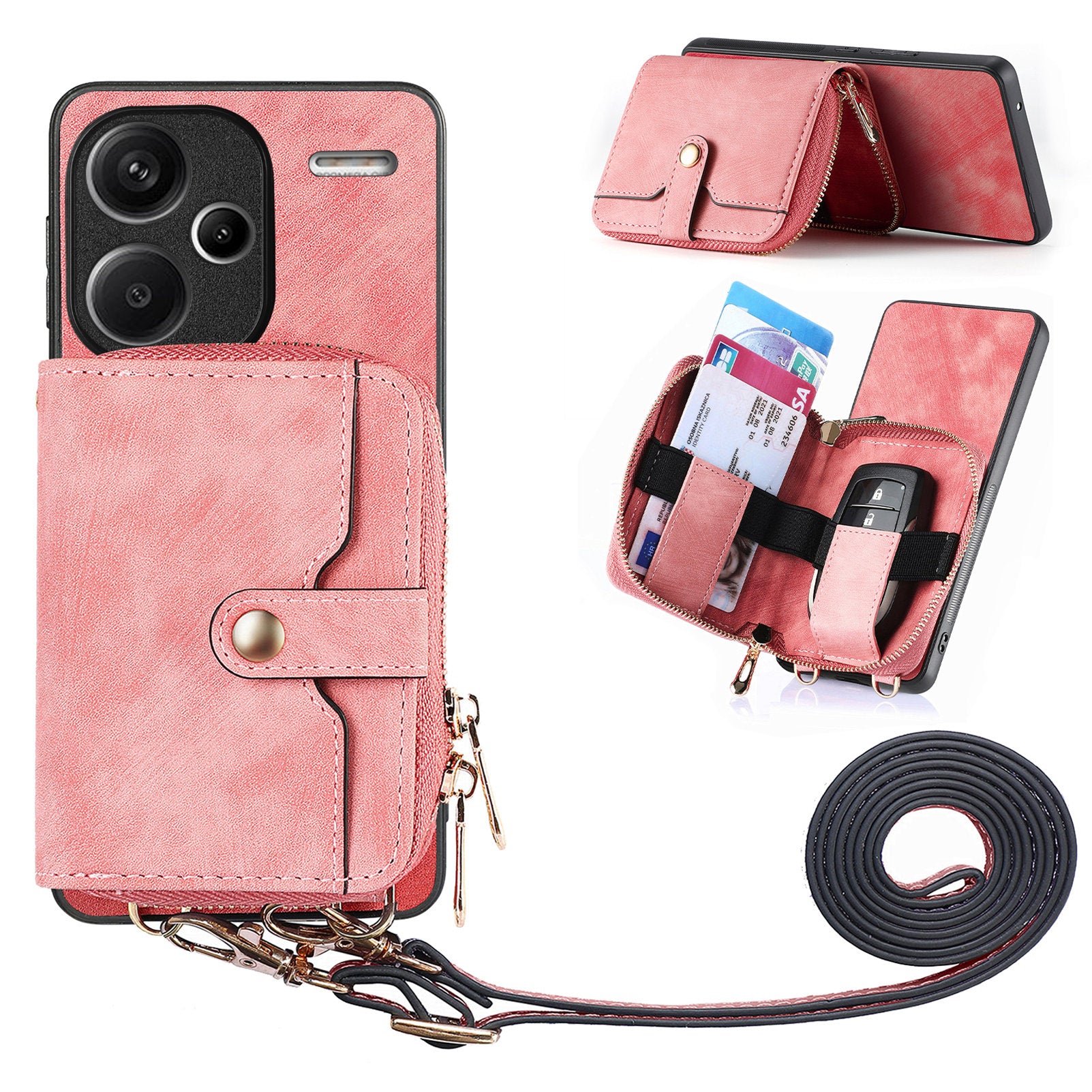 D3 For Xiaomi Redmi Note 13 Pro+ 5G Case PU+TPU+PC Zipper Wallet Cover with Strap