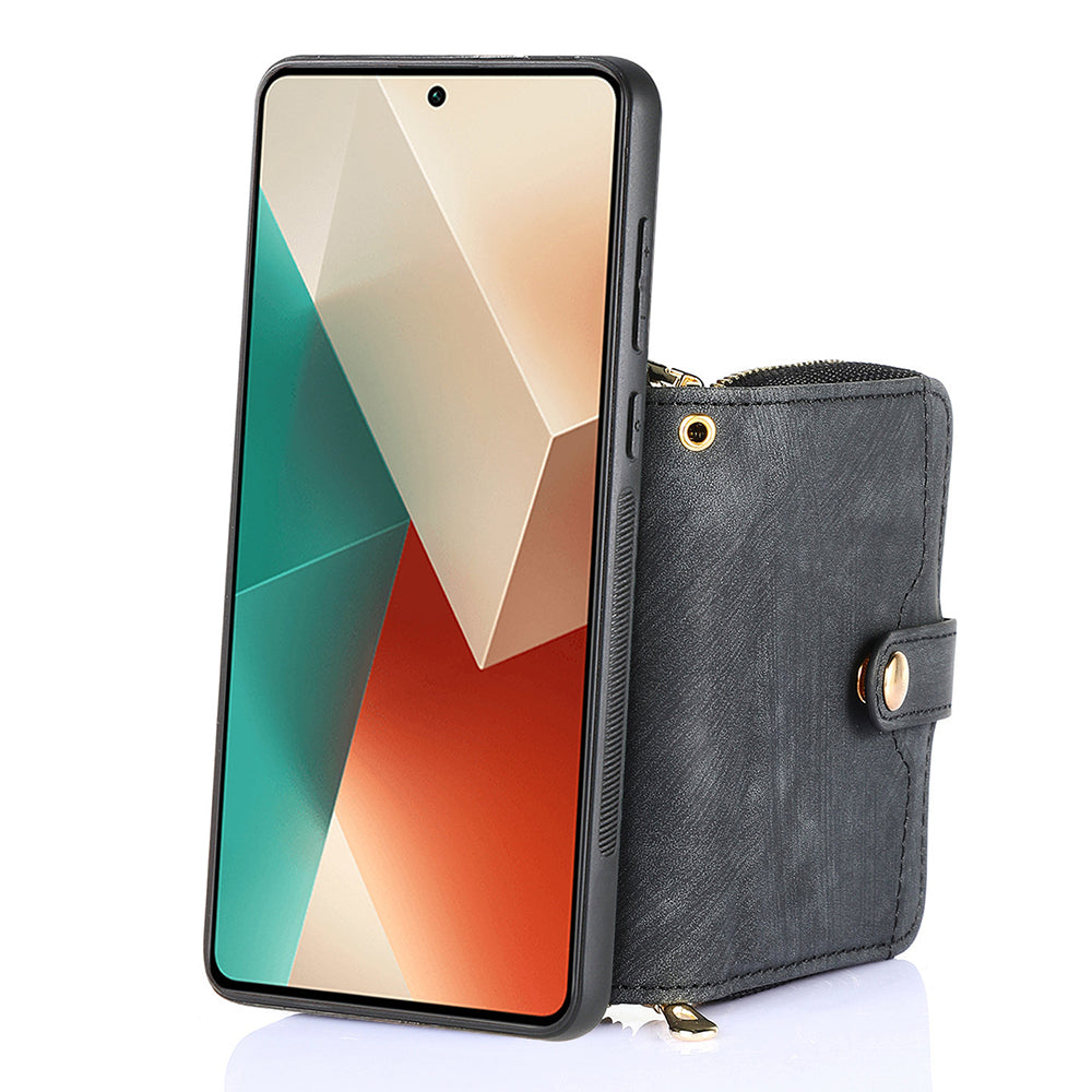 D3 For Xiaomi Redmi Note 13 4G Case Zipper Wallet Leather+TPU+PC Phone Cover with Crossbody Strap