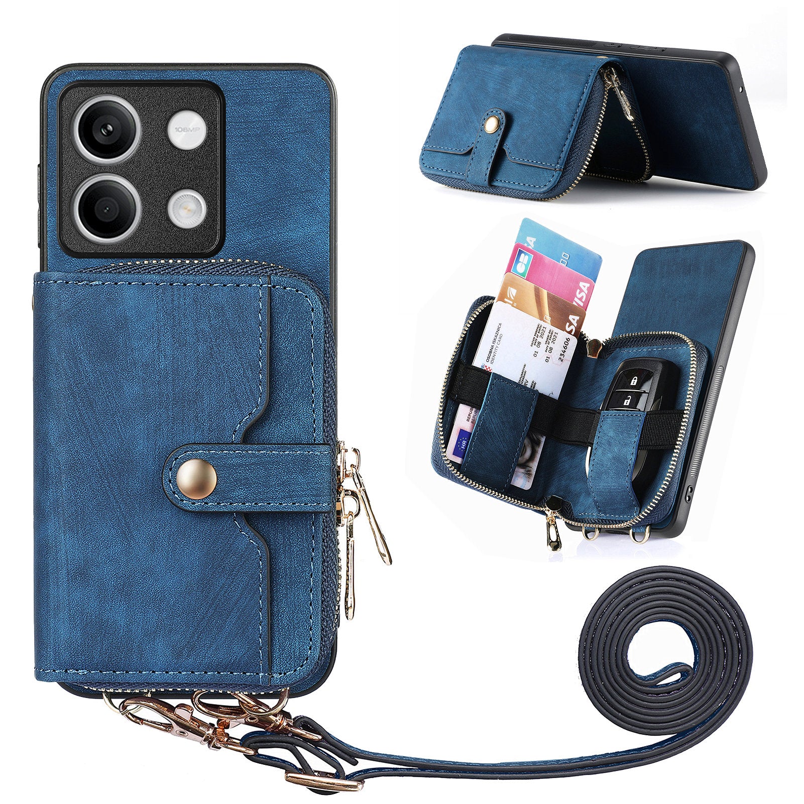 D3 For Xiaomi Redmi Note 13 4G Case Zipper Wallet Leather+TPU+PC Phone Cover with Crossbody Strap