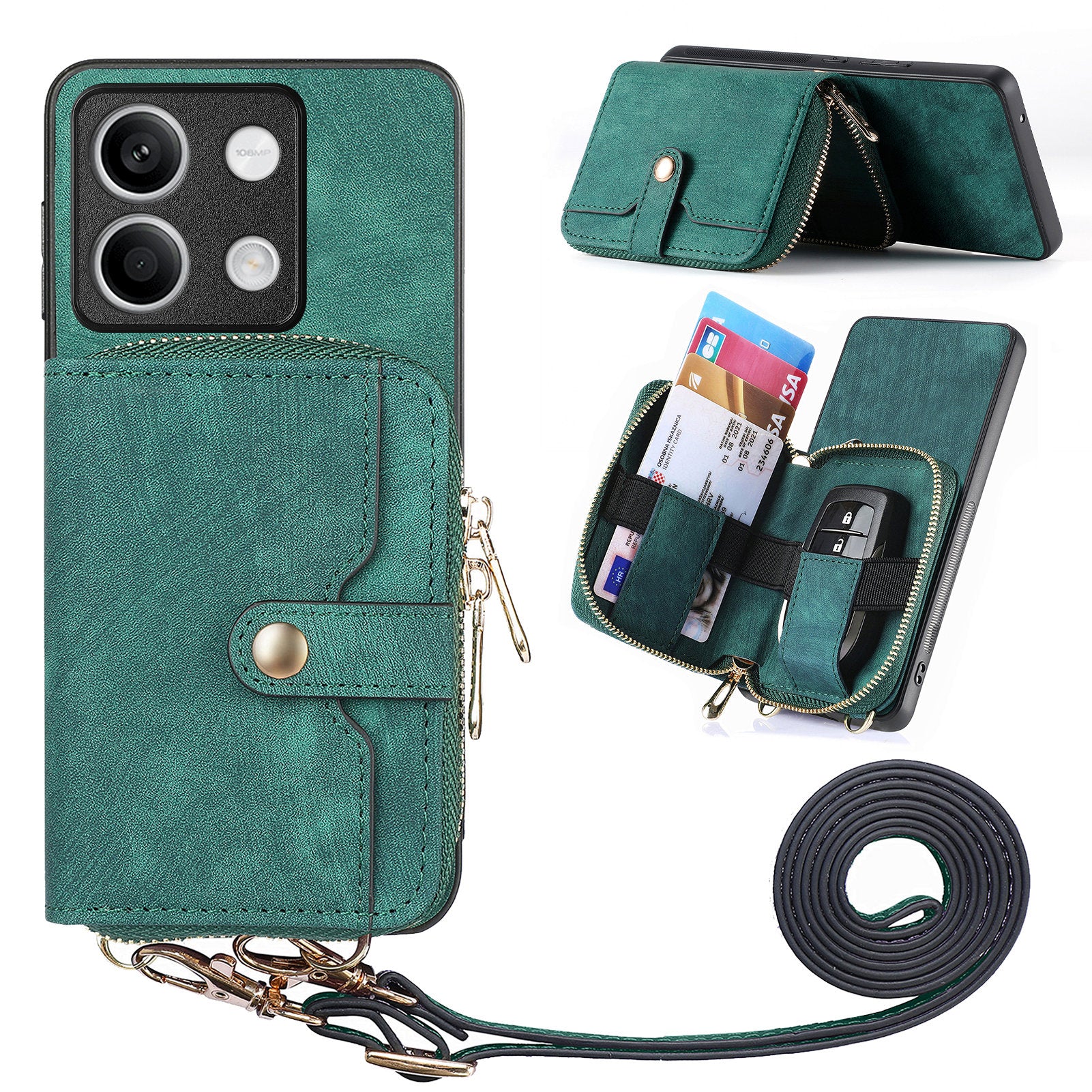 D3 For Xiaomi Redmi Note 13 4G Case Zipper Wallet Leather+TPU+PC Phone Cover with Crossbody Strap
