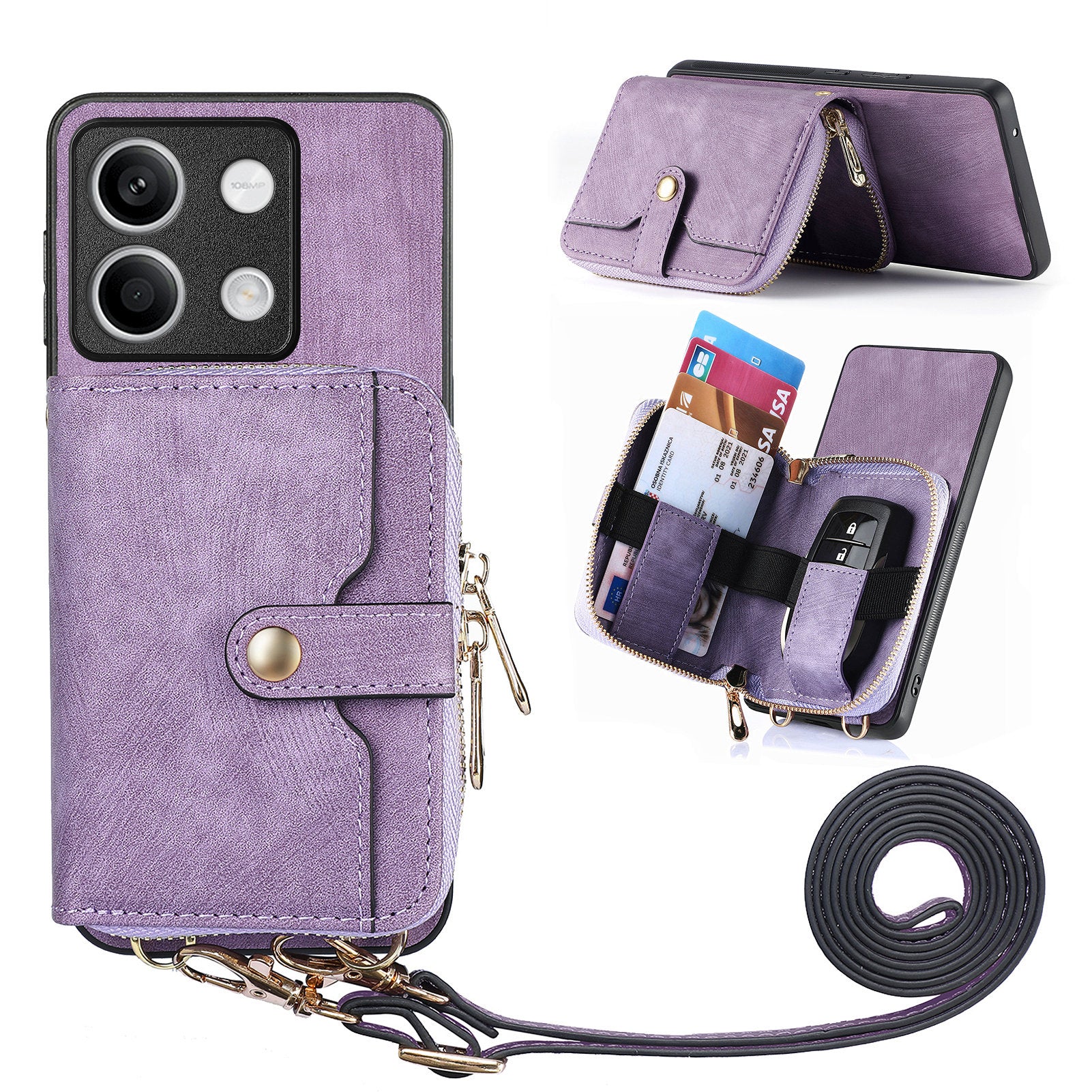 D3 For Xiaomi Redmi Note 13 4G Case Zipper Wallet Leather+TPU+PC Phone Cover with Crossbody Strap
