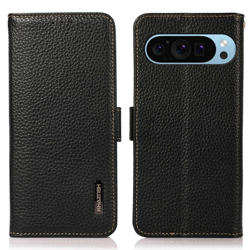 KHAZNEH For Google Pixel 9 Case Genuine Cow Leather RFID Blocking Phone Cover