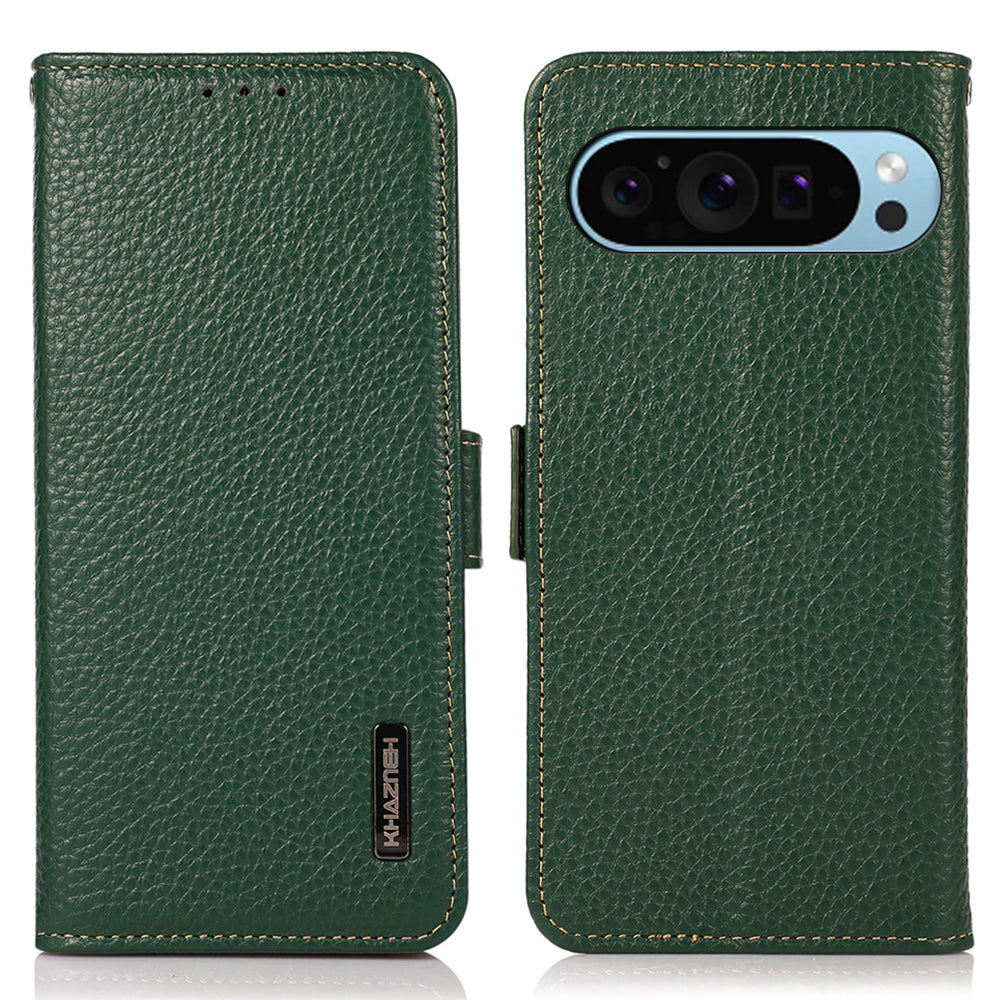 KHAZNEH For Google Pixel 9 Case Genuine Cow Leather RFID Blocking Phone Cover
