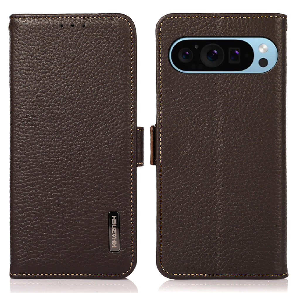 KHAZNEH For Google Pixel 9 Case Genuine Cow Leather RFID Blocking Phone Cover
