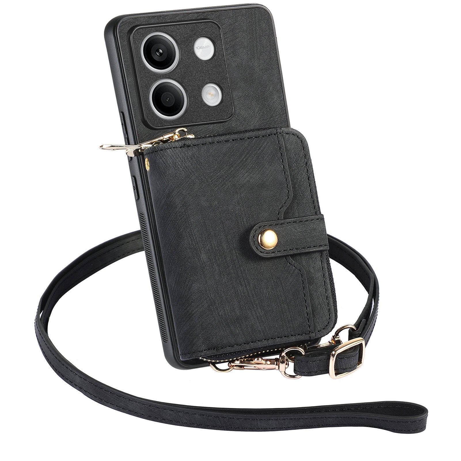 D3 for Xiaomi Redmi Note 13 5G Case Retro Leather Zipper Pocket Back Cover with Lanyard