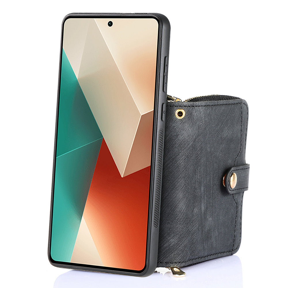 D3 for Xiaomi Redmi Note 13 5G Case Retro Leather Zipper Pocket Back Cover with Lanyard