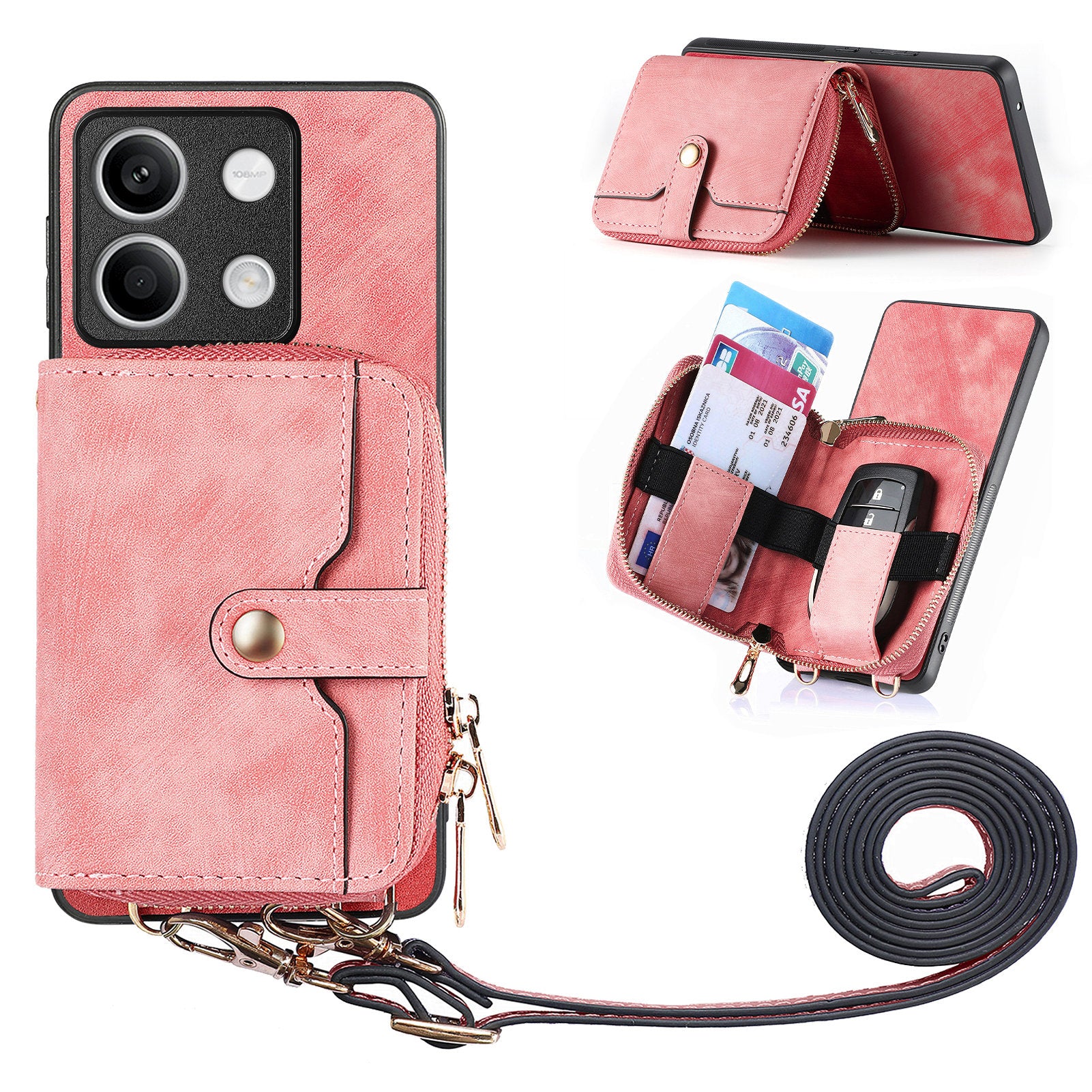 D3 for Xiaomi Redmi Note 13 5G Case Retro Leather Zipper Pocket Back Cover with Lanyard