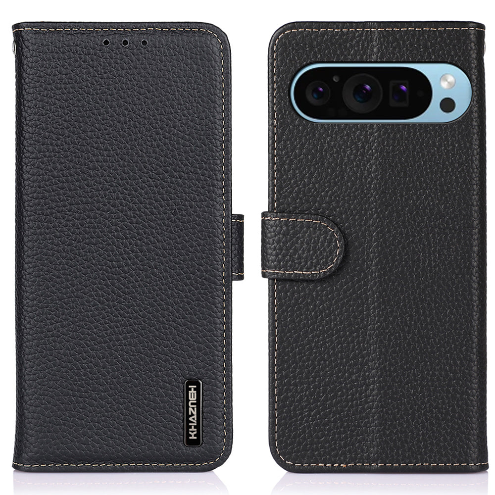KHAZNEH For Google Pixel 9 Case Genuine Cow Leather Wallet Flip Phone Cover Litchi Texture
