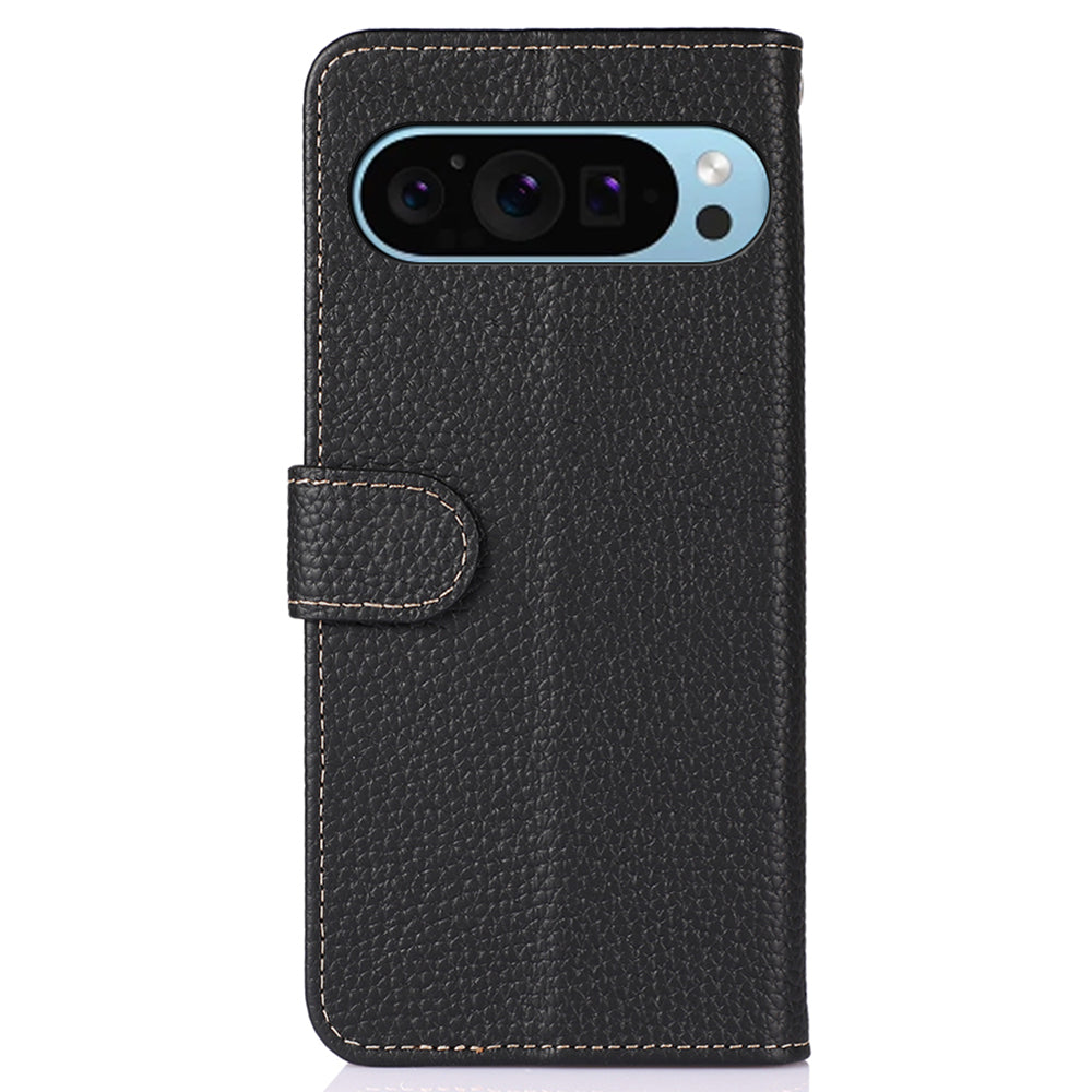KHAZNEH For Google Pixel 9 Case Genuine Cow Leather Wallet Flip Phone Cover Litchi Texture