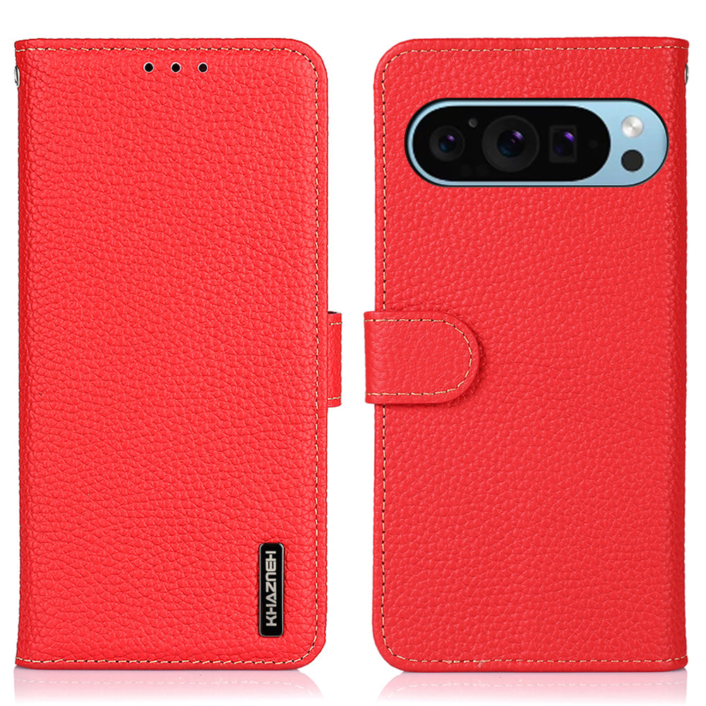 KHAZNEH For Google Pixel 9 Case Genuine Cow Leather Wallet Flip Phone Cover Litchi Texture