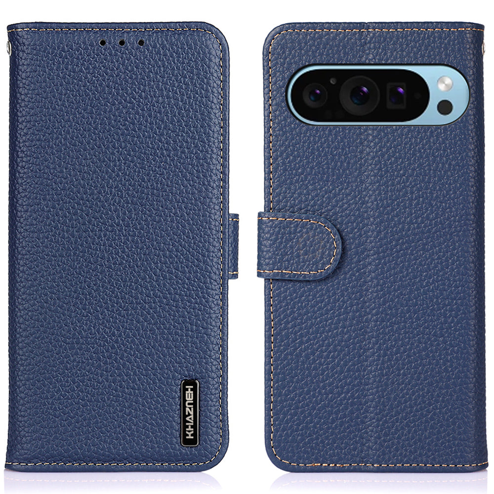 KHAZNEH For Google Pixel 9 Case Genuine Cow Leather Wallet Flip Phone Cover Litchi Texture