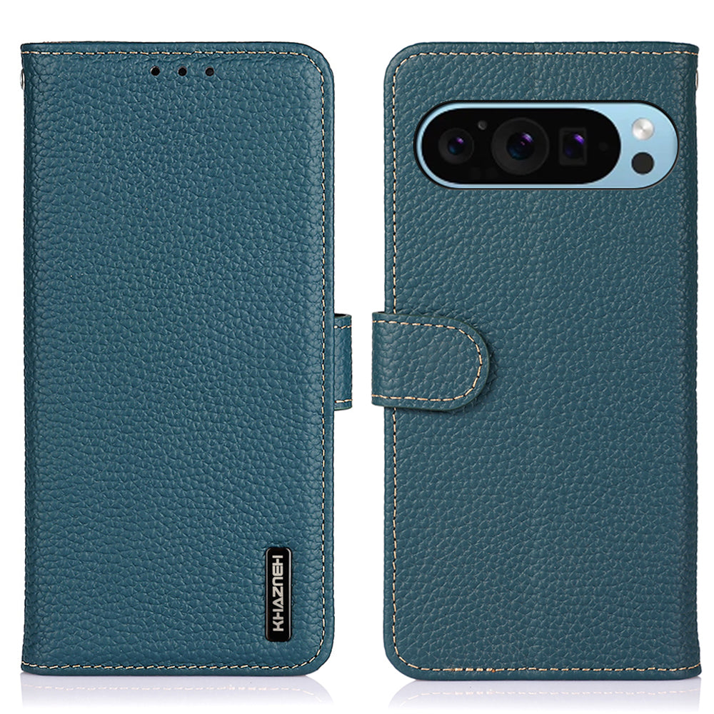 KHAZNEH For Google Pixel 9 Case Genuine Cow Leather Wallet Flip Phone Cover Litchi Texture