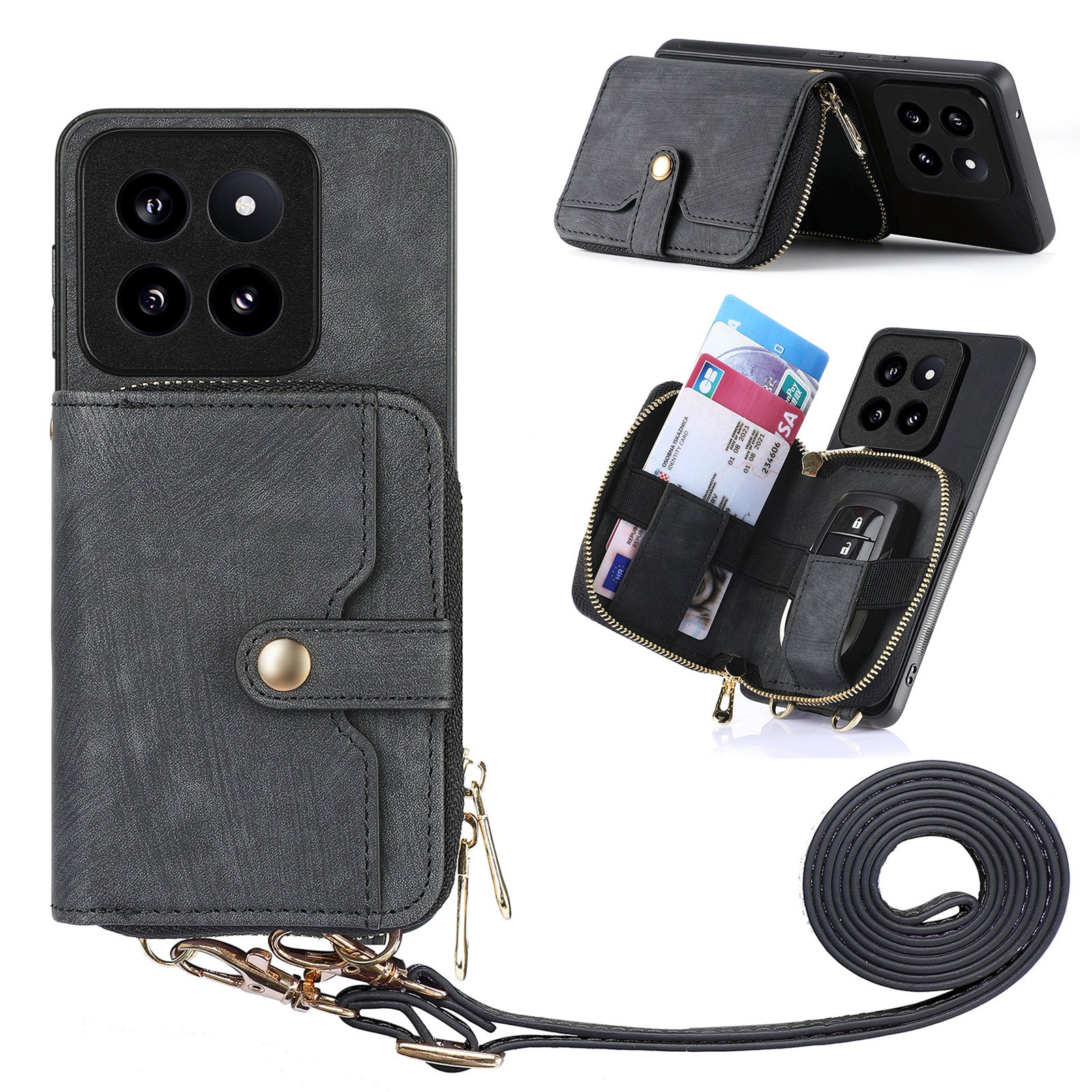 D3 for Xiaomi 14 Pro Case Wallet Kickstand Retro Leather+TPU+PC Phone Cover with Lanyard