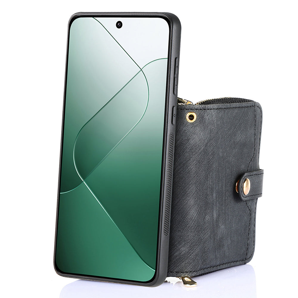 D3 for Xiaomi 14 Pro Case Wallet Kickstand Retro Leather+TPU+PC Phone Cover with Lanyard