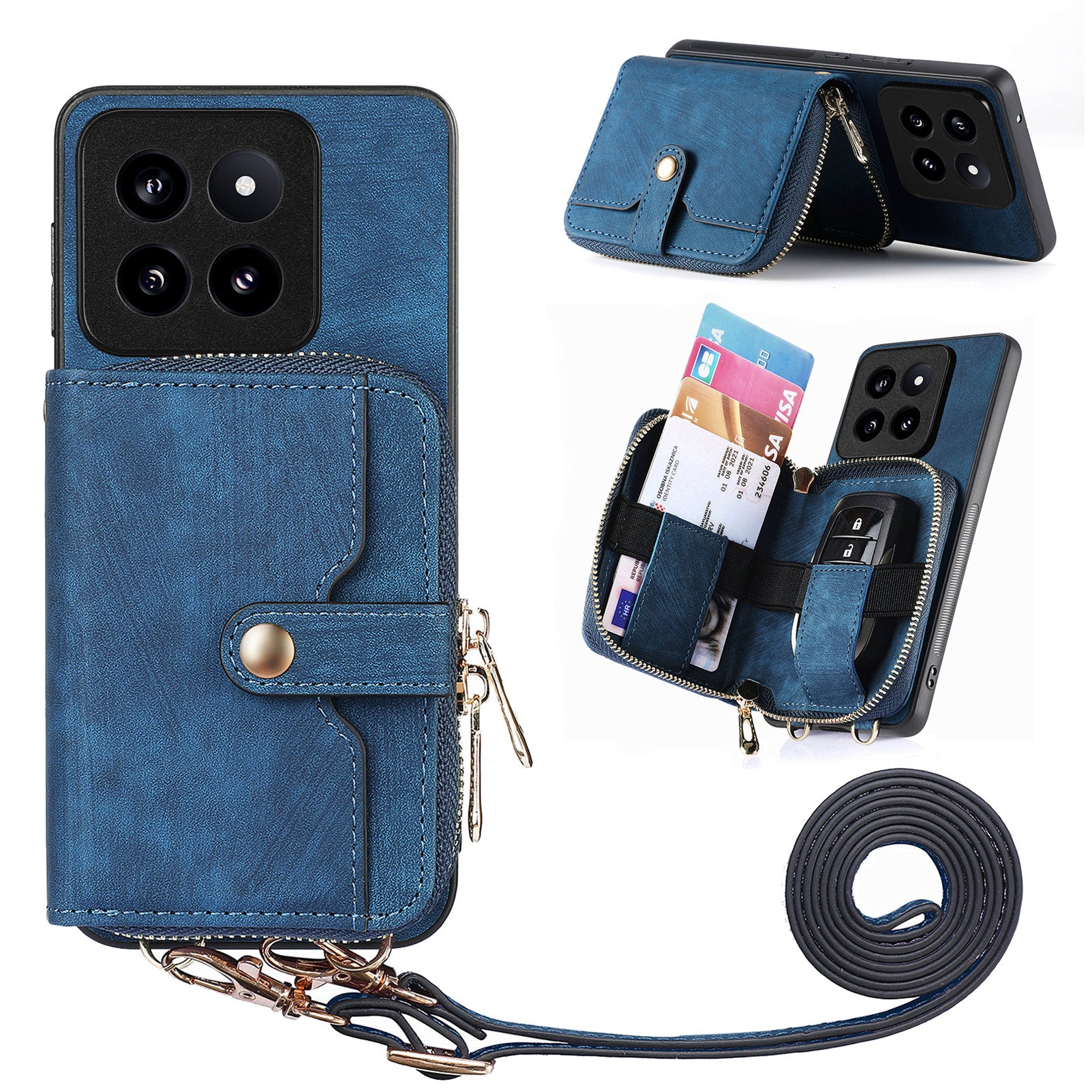 D3 for Xiaomi 14 Pro Case Wallet Kickstand Retro Leather+TPU+PC Phone Cover with Lanyard