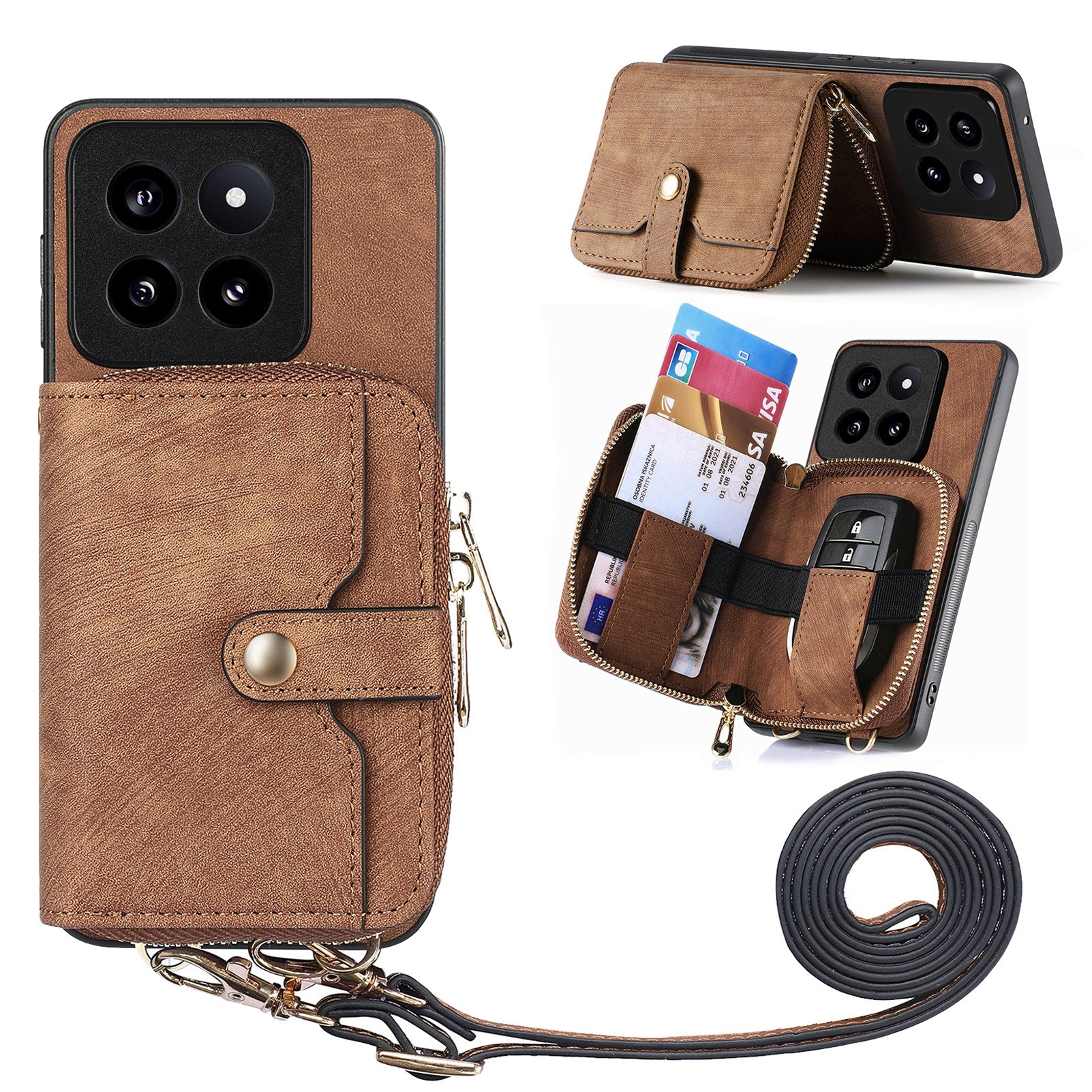 D3 for Xiaomi 14 Pro Case Wallet Kickstand Retro Leather+TPU+PC Phone Cover with Lanyard