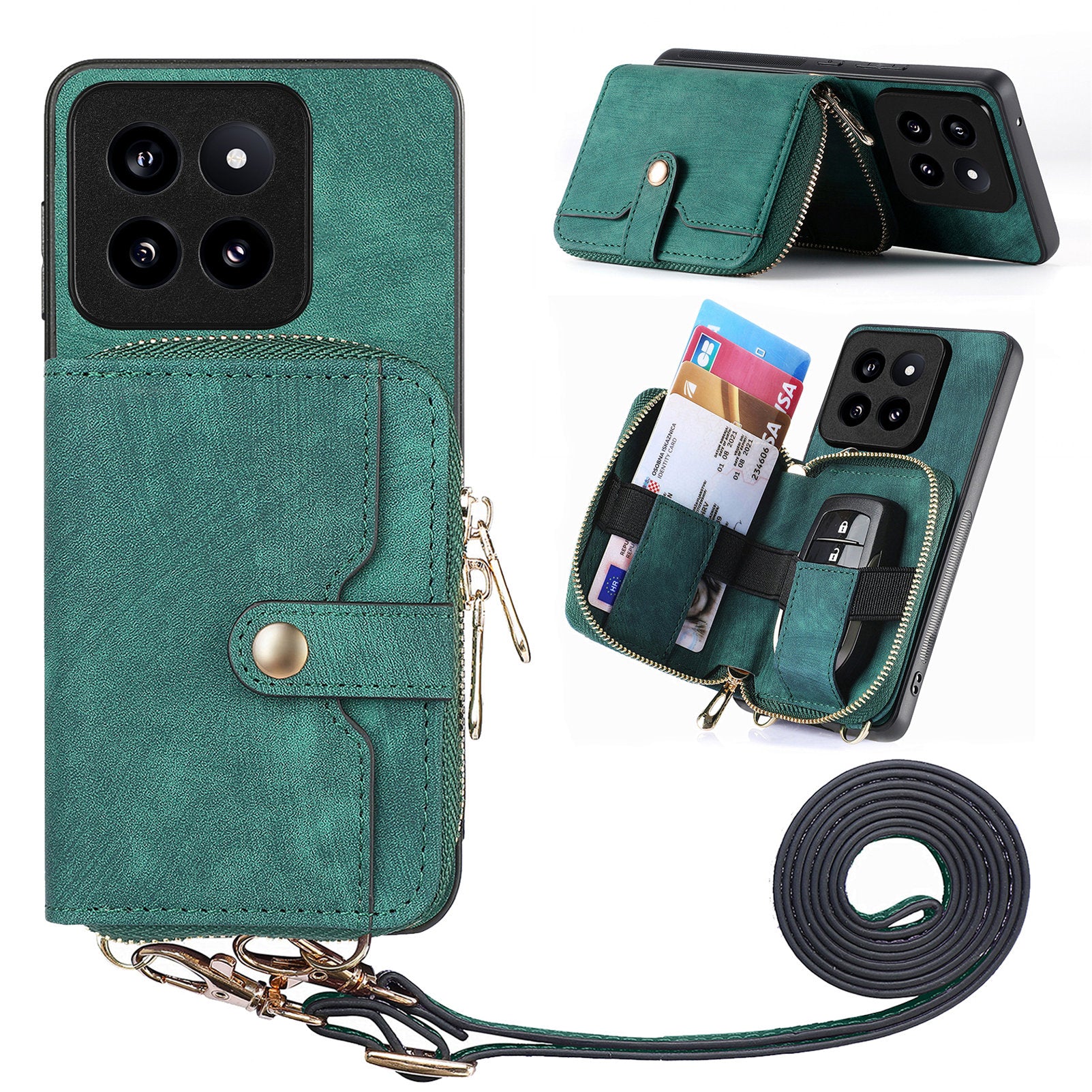 D3 for Xiaomi 14 Pro Case Wallet Kickstand Retro Leather+TPU+PC Phone Cover with Lanyard